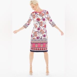 Chico's Jersey Geo Print‎ White & Pink 3/4 Sleeve Knee Length Shift Dress Size 4